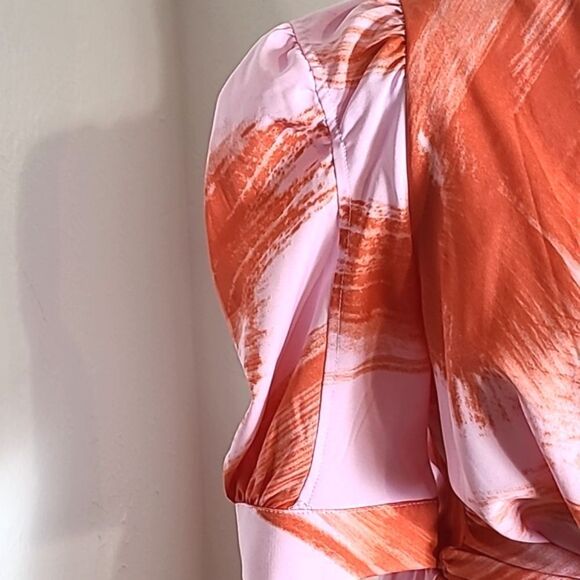 Entro Pink & Orange Midi-Dress, Short Puff Sleeves, Tie Waist, Size Small - Picture 5 of 9